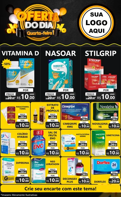 Modelo de Encarte para Encarte Grande com o tema Oferta do Dia - Quarta Feira! para Farmácia