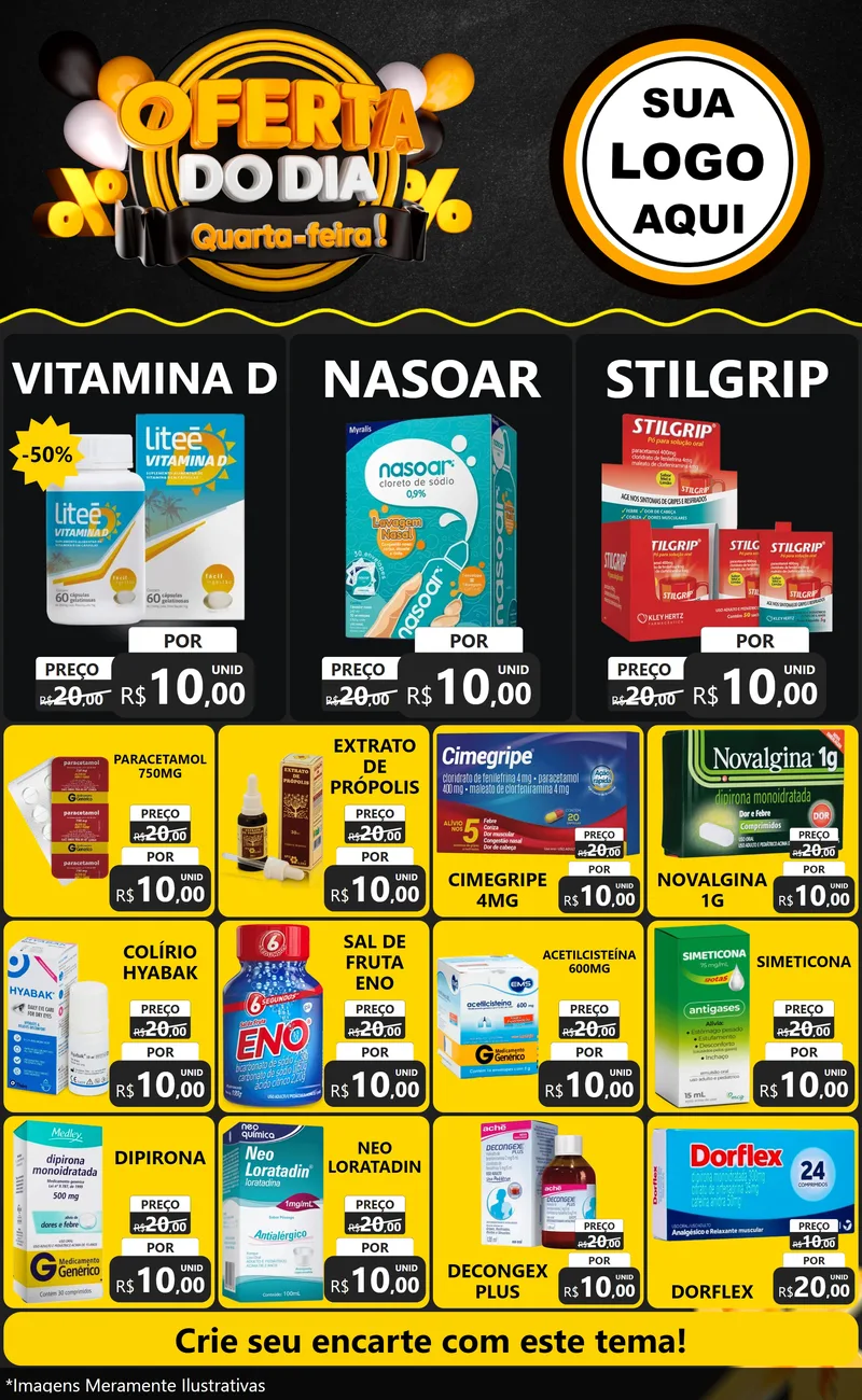 Modelo de Encarte para Encarte Grande com o tema Oferta do Dia - Quarta Feira! para Farmácia