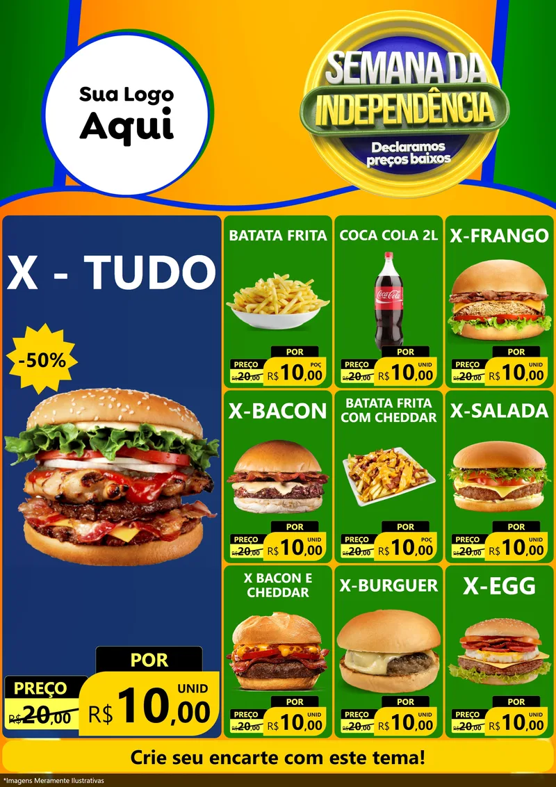 Modelo de Encarte para Encarte A4 Vertical com o tema Semana da Independência Declaramos Preços Baixos para Hamburgueria