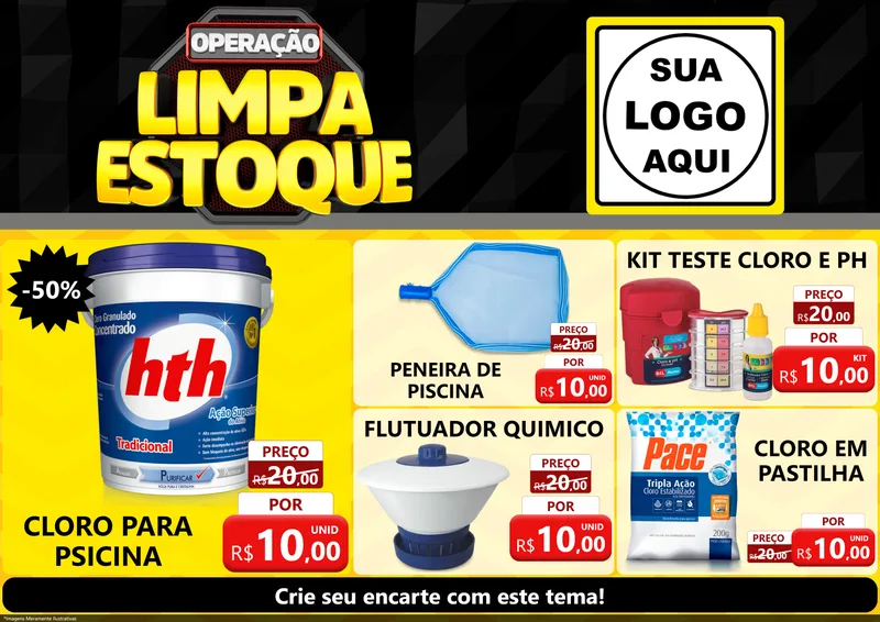 Modelo de Encarte para Encarte A4 Horizontal com o tema Operação Limpa Estoque para Produtos para Piscina