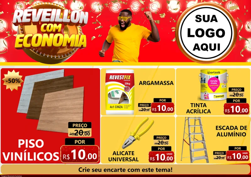 Modelo de Encarte para Encarte A4 Horizontal com o tema Réveillon com Economia para Material para Construção