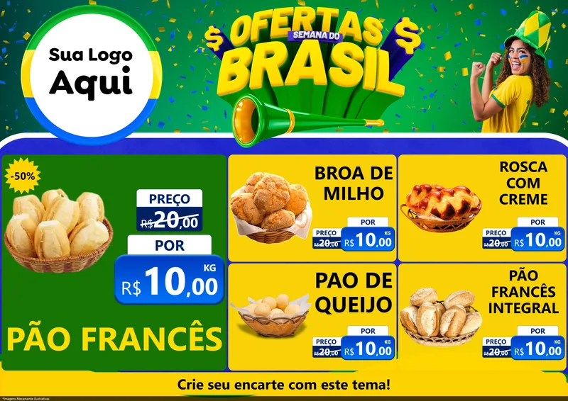 Modelo de Encarte para Encarte A4 Horizontal com o tema Ofertas Semana do Brasil para Padaria