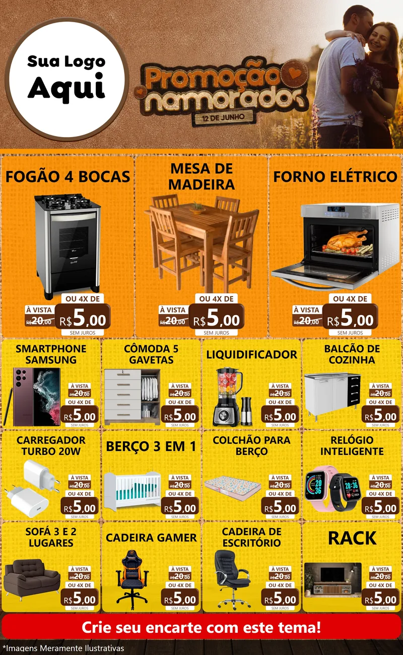 Modelo de Encarte para Encarte Grande com o tema Promoção Namorados para Móveis e Eletro