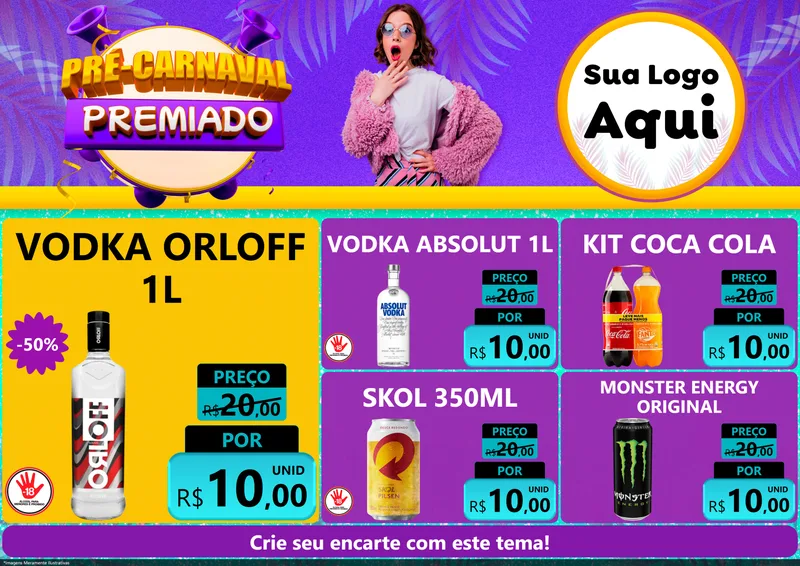 Modelo de Encarte para Encarte A4 Horizontal com o tema Pré-Carnaval Premiado para Distribuidora de bebidas