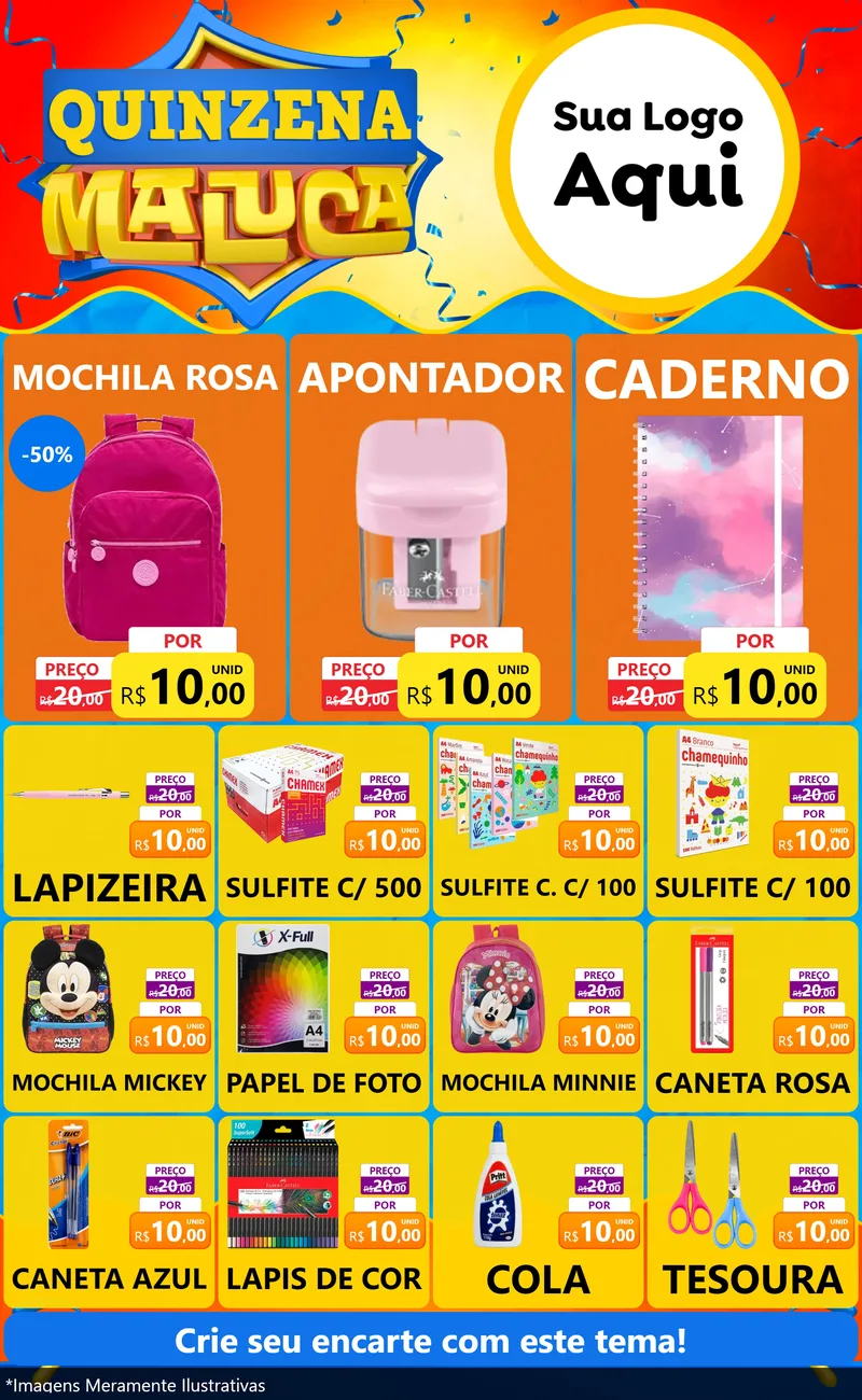 Modelo de Encarte para Encarte Grande com o tema Quinzena Maluca para Papelaria