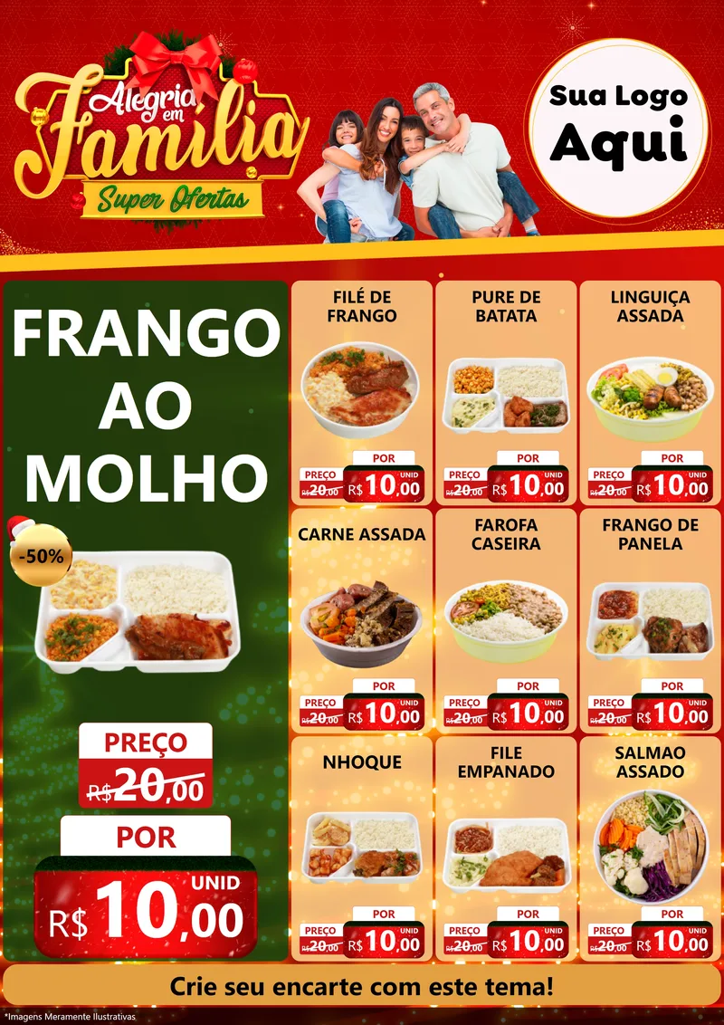 Modelo de Encarte para Encarte A4 Vertical com o tema Alegria em Família Super Ofertas - Natal para Restaurante