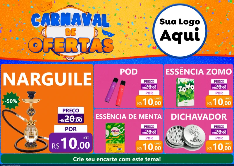 Modelo de Encarte para Encarte A4 Horizontal com o tema Carnaval de Ofertas para Tabacaria