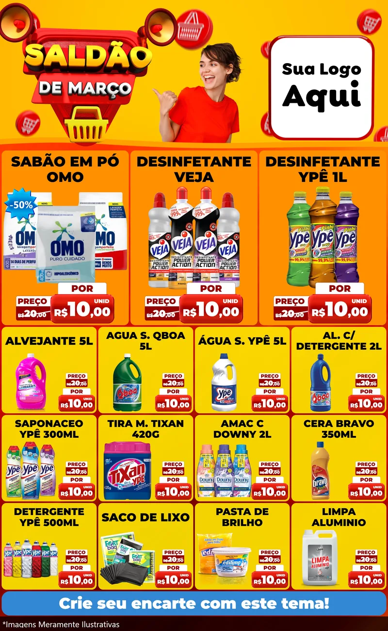 Modelo de Encarte para Encarte Grande com o tema Saldão de Março para Produtos de Limpeza
