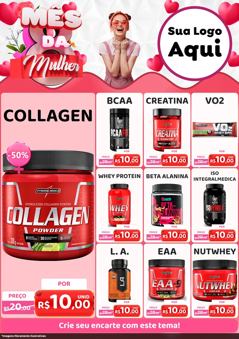 Modelo de Encarte para Encarte A4 Vertical com o tema Mês da Mulher para Suplementos alimentares
