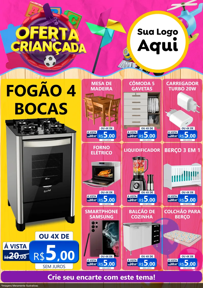 Modelo de Encarte para Encarte A4 Vertical com o tema Oferta da Criançada para Móveis e Eletro