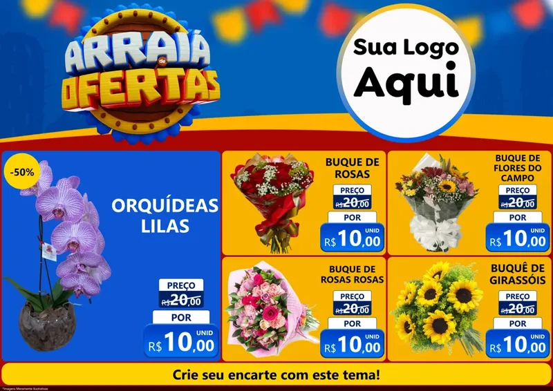 Modelo de Encarte para Encarte A4 Horizontal com o tema Arraiá de Ofertas - Junina para Floricultura e jardim
