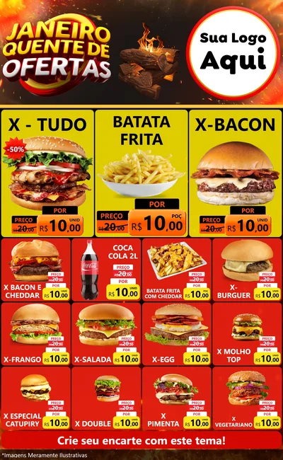 Modelo de Encarte para Encarte Grande com o tema Janeiro Quente de Ofertas para Hamburgueria