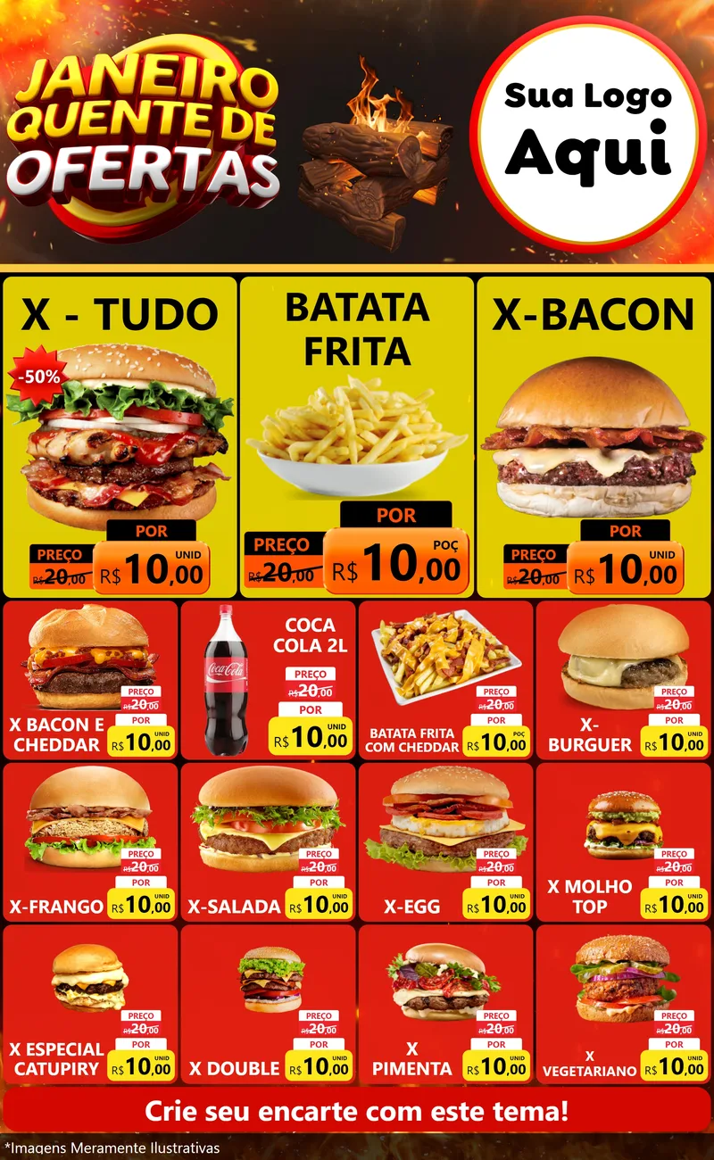 Modelo de Encarte para Encarte Grande com o tema Janeiro Quente de Ofertas para Hamburgueria