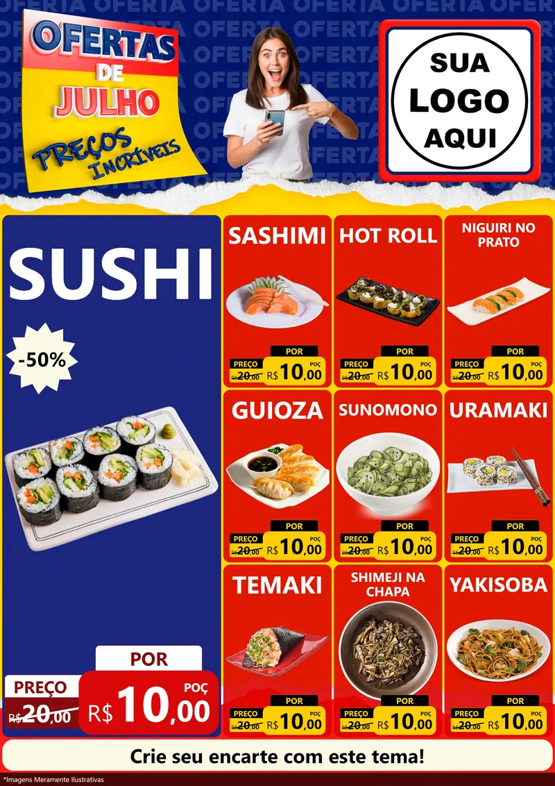 Modelo de Encarte para Encarte A4 Vertical com o tema Ofertas de Julho - Preços Incríveis para Comida japonesa