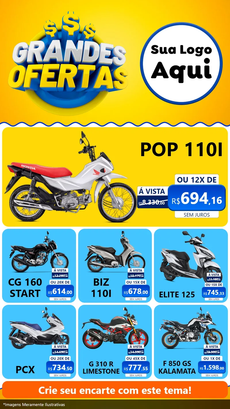Modelo de Rede Social para Stories com o tema Grandes Ofertas para Concessionaria de Motos