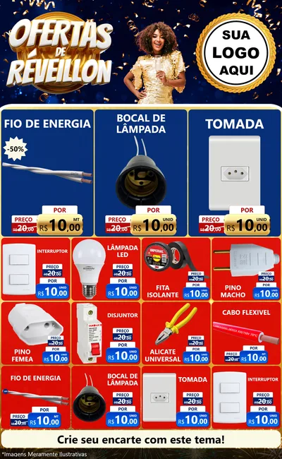 Modelo de Encarte para Encarte Grande com o tema Ofertas de Réveillon para Materiais Elétricos