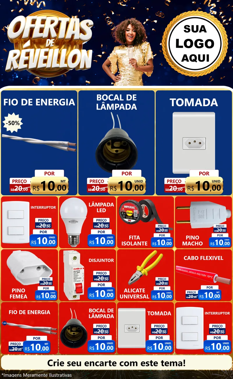 Modelo de Encarte para Encarte Grande com o tema Ofertas de Réveillon para Materiais Elétricos