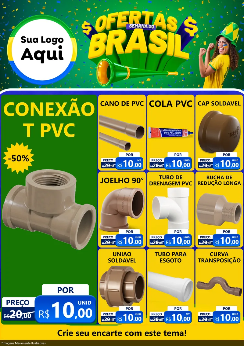 Modelo de Encarte para Encarte A4 Vertical com o tema Ofertas Semana do Brasil para Tubos e conexões