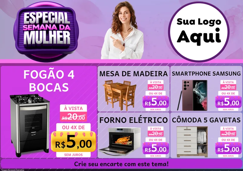 Modelo de Encarte para Encarte A4 Horizontal com o tema Especial Semana da Mulher para Móveis e Eletro