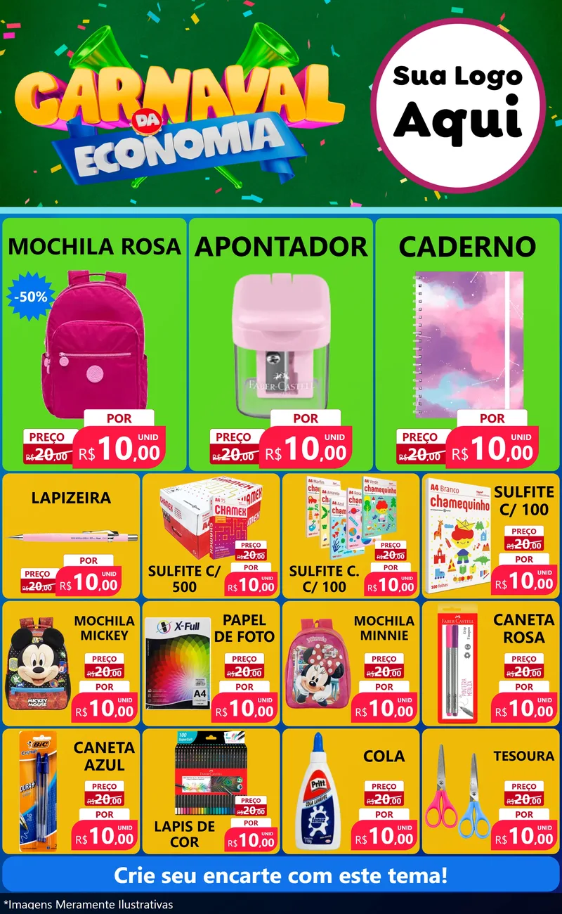 Modelo de Encarte para Encarte Grande com o tema Carnaval da Economia para Papelaria