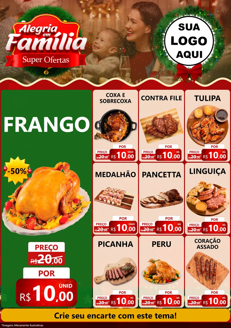 Modelo de Encarte para Encarte A4 Vertical com o tema Alegria Em Família - Super Ofertas para Assados