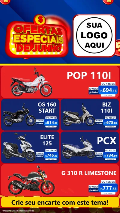 Modelo de TV para TV Vertical com o tema Ofertas Especiais de Junho para Concessionaria de Motos