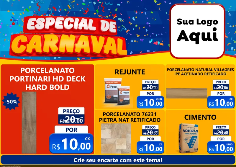 Modelo de Encarte para Encarte A4 Horizontal com o tema Especial de Carnaval para Pisos e revestimentos