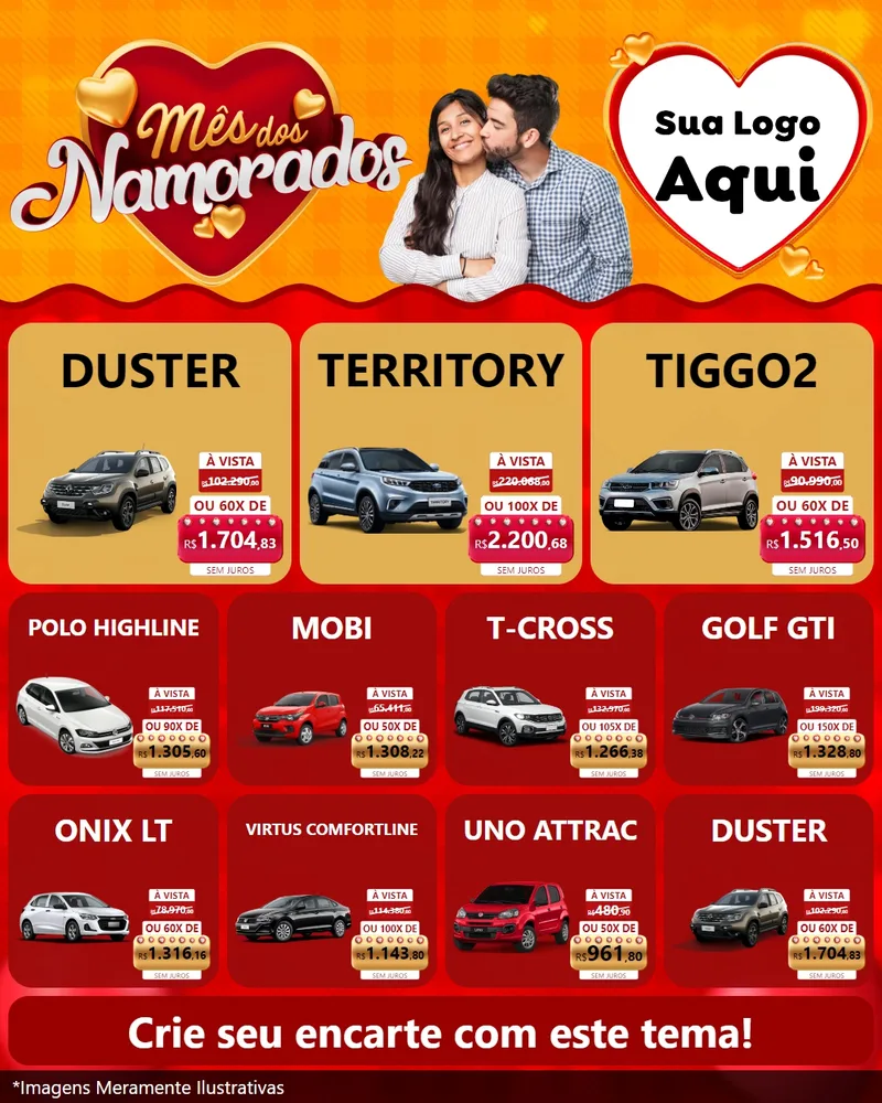 Modelo de Rede Social para Feed Instagram com o tema Mês dos Namorados para Concessionaria de Carros