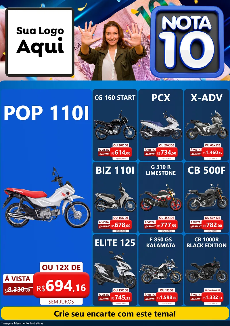 Modelo de Encarte para Encarte A4 Vertical com o tema Nota 10 para Concessionaria de Motos