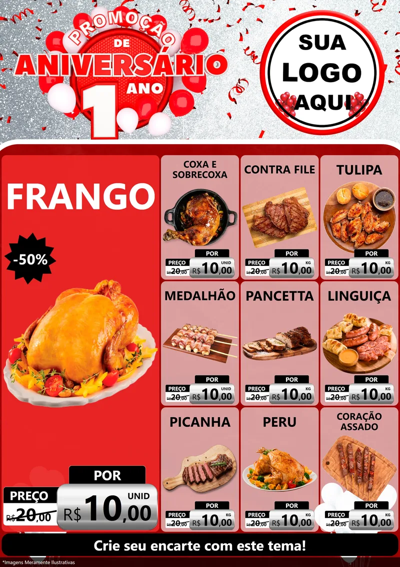 Modelo de Encarte para Encarte A4 Vertical com o tema Promoção de Aniversário - 1 Ano para Assados