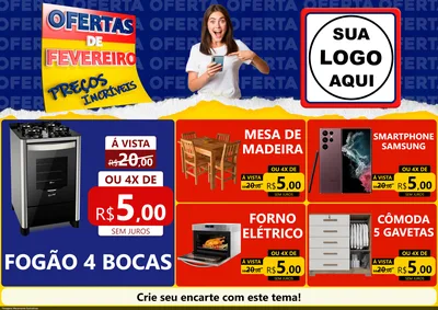 Modelo de Encarte para Encarte A4 Horizontal com o tema Ofertas de Fevereiro - Preços Incríveis para Móveis e Eletro