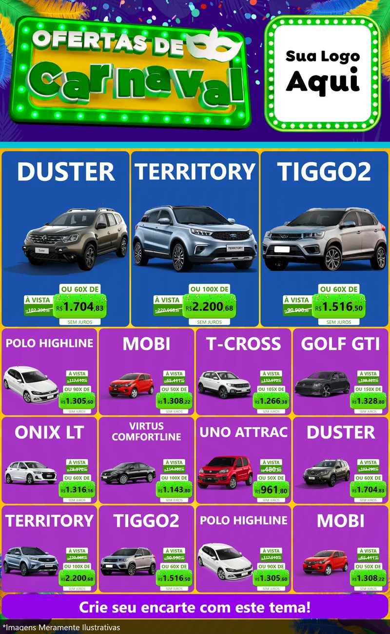 Modelo de Encarte para Encarte Grande com o tema Ofertas de Carnaval para Concessionaria de Carros