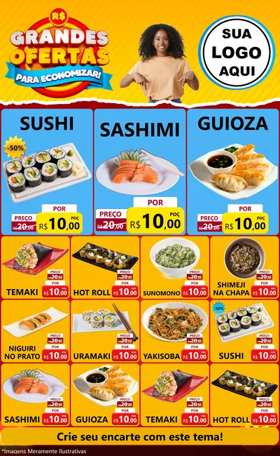 Modelo de Encarte para Encarte Grande com o tema Grandes Ofertas Para Economizar! para Comida japonesa