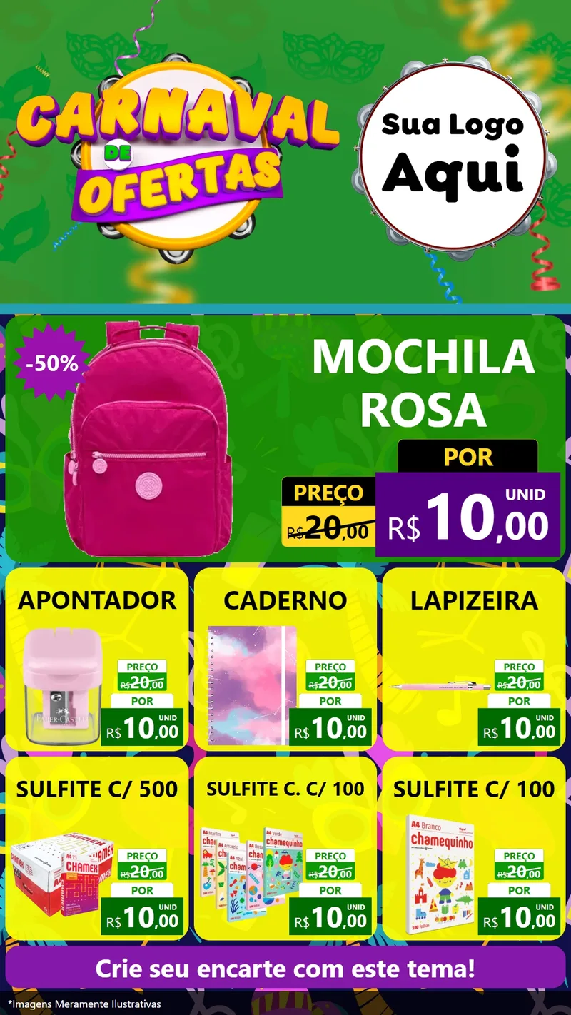 Modelo de Rede Social para Stories com o tema Carnaval de Ofertas para Papelaria