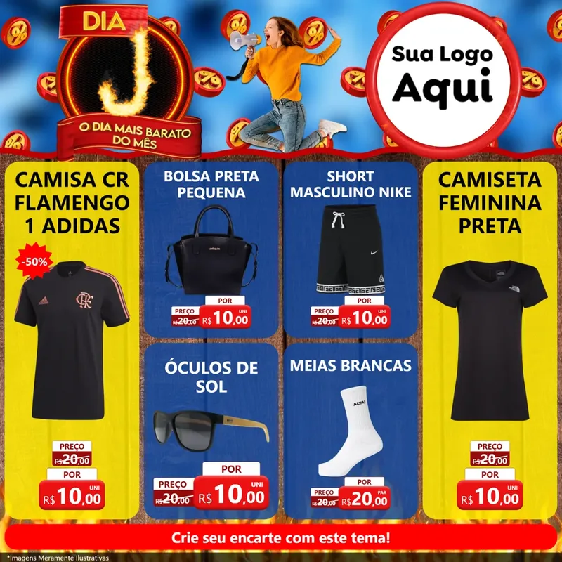 Modelo de Rede Social para Feed Facebook com o tema Dia J - O Dia Mais Barato Do Mês para Roupas e acessórios