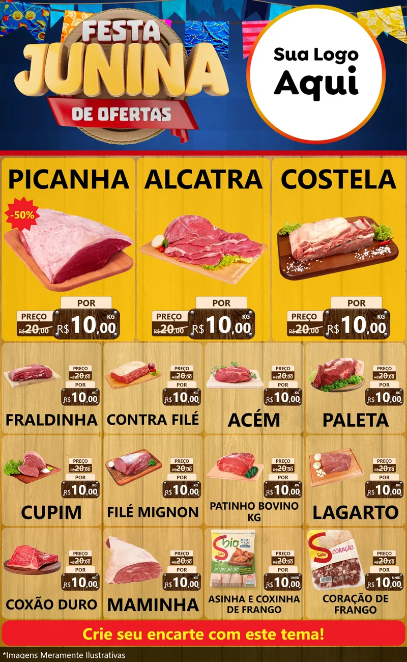 Modelo de Encarte para Encarte Grande com o tema Festa Junina de Ofertas para Açougue