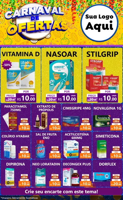 Modelo de Encarte para Encarte Grande com o tema Carnaval de Ofertas para Farmácia