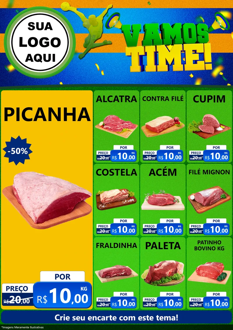 Modelo de Encarte para Encarte A4 Vertical com o tema Vamos Time! para Açougue