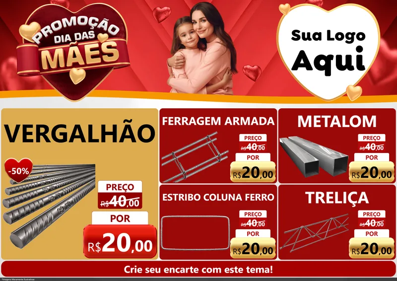 Modelo de Encarte para Encarte A4 Horizontal com o tema Promoção Dia das Mães para Ferragens