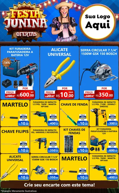 Modelo de Encarte para Encarte Grande com o tema Festa Junina Ofertas para Maquinas e Ferramentas