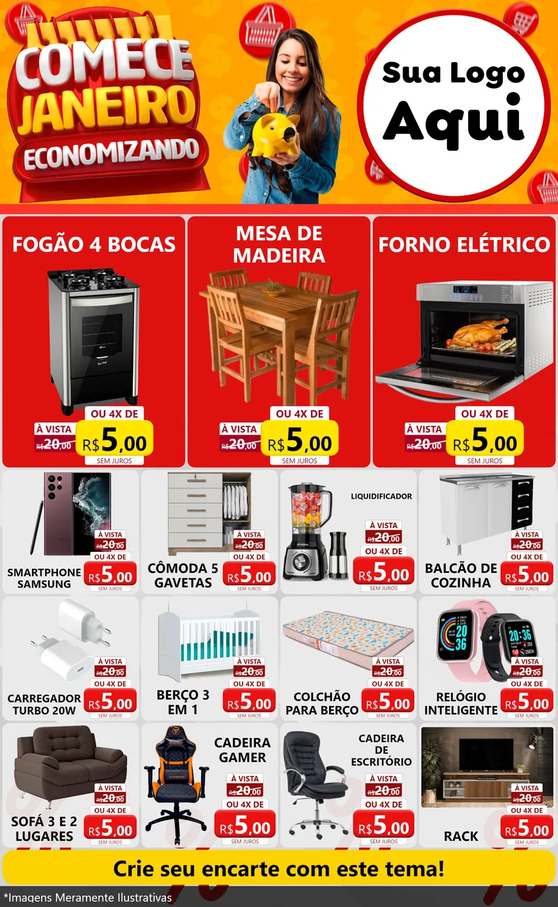 Modelo de Encarte para Encarte Grande com o tema Comece Janeiro Economizando para Móveis e Eletro