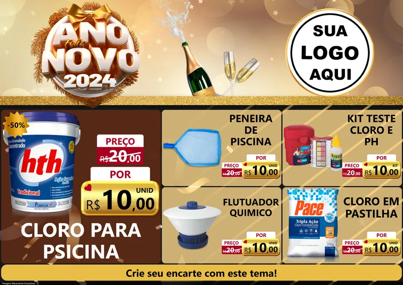 Modelo de Encarte para Encarte A4 Horizontal com o tema Feliz Ano Novo 2027 para Produtos para Piscina