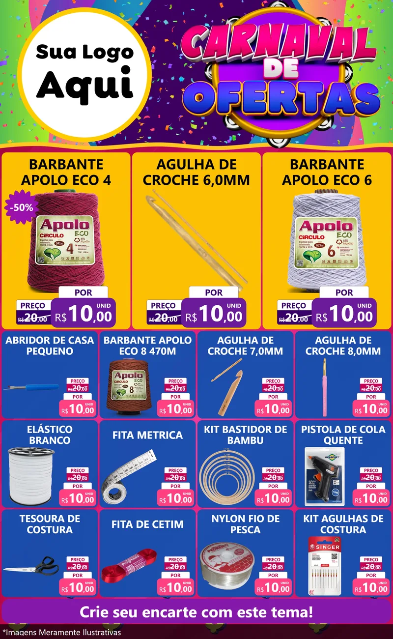 Modelo de Encarte para Encarte Grande com o tema Carnaval de Ofertas para Armarinho e Aviamentos