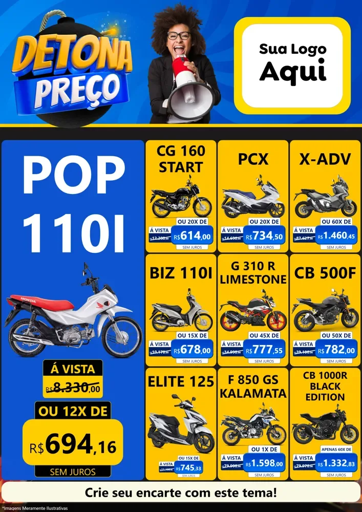 Modelo de Encarte para Encarte A4 Vertical com o tema Detona Preços para Concessionaria de Motos