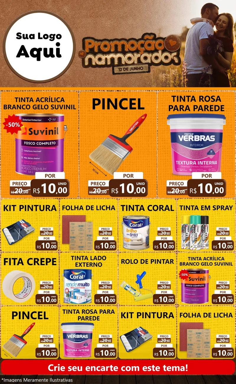 Modelo de Encarte para Encarte Grande com o tema Promoção Namorados para Tintas e Ferramentas