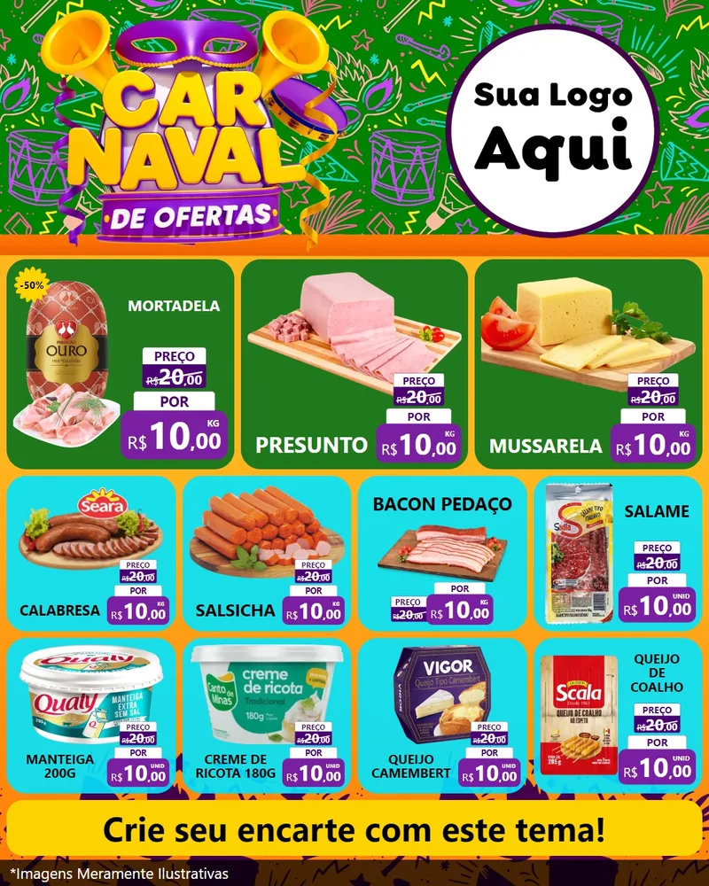 Modelo de Rede Social para Feed Instagram com o tema Carnaval de Ofertas para Frios e Laticínios