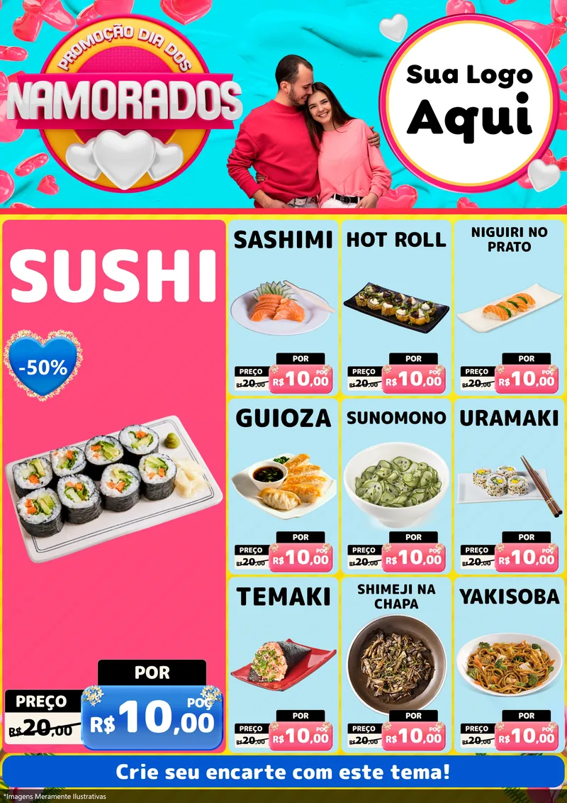 Modelo de Encarte para Encarte A4 Vertical com o tema Promoção Dia dos Namorados para Comida japonesa