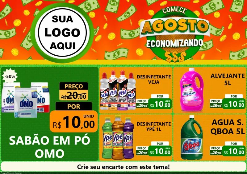 Modelo de Encarte para Encarte A4 Horizontal com o tema Comece Agosto Economizando para Produtos de Limpeza