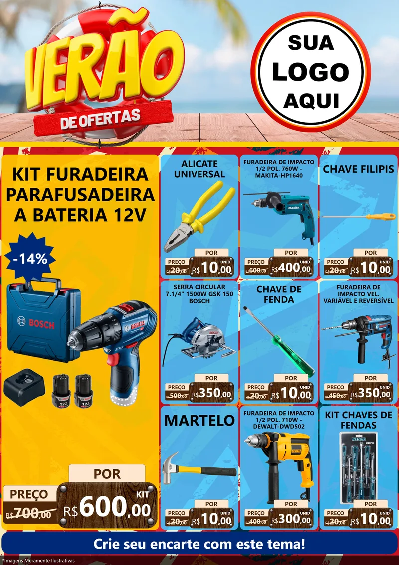 Modelo de Encarte para Encarte A4 Vertical com o tema Verão de Ofertas para Maquinas e Ferramentas