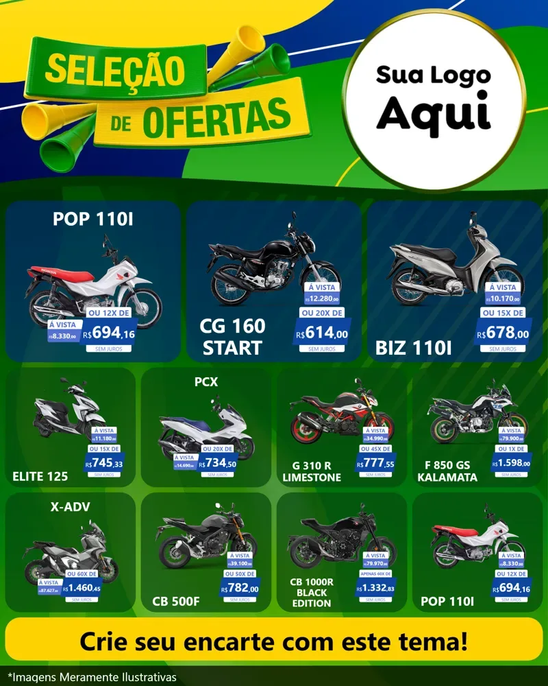 Modelo de Rede Social para Feed Instagram com o tema Seleção de Ofertas - Copa para Concessionaria de Motos